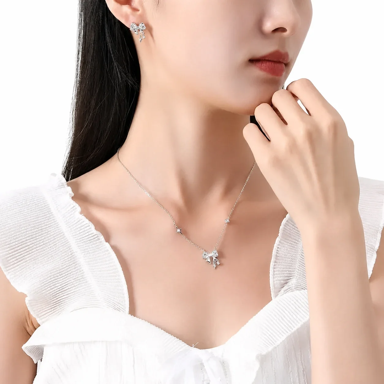 Delicate Polished Bow Star Tassel 925 Sterling Silver Necklace