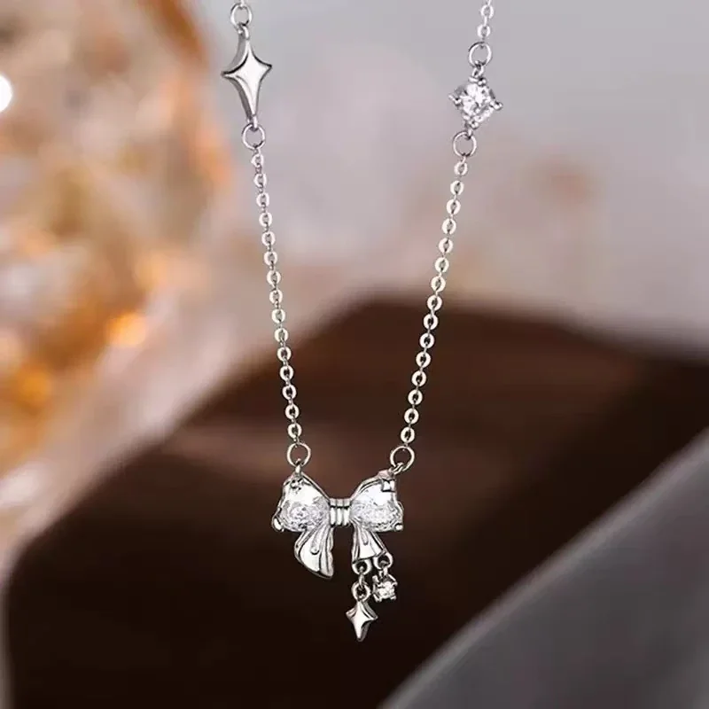 Delicate Polished Bow Star Tassel 925 Sterling Silver Necklace