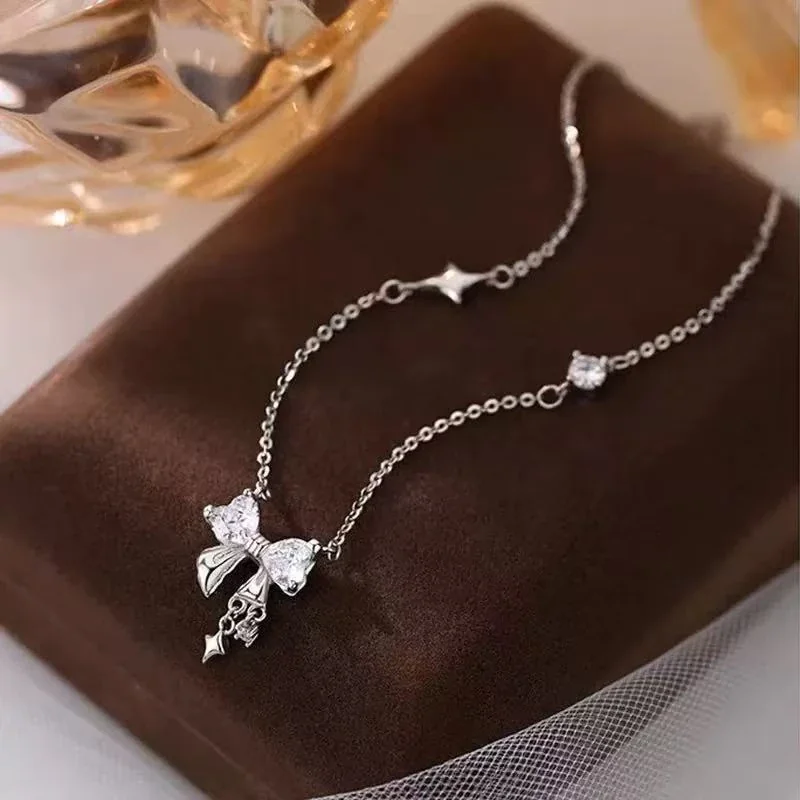 Delicate Polished Bow Star Tassel 925 Sterling Silver Necklace