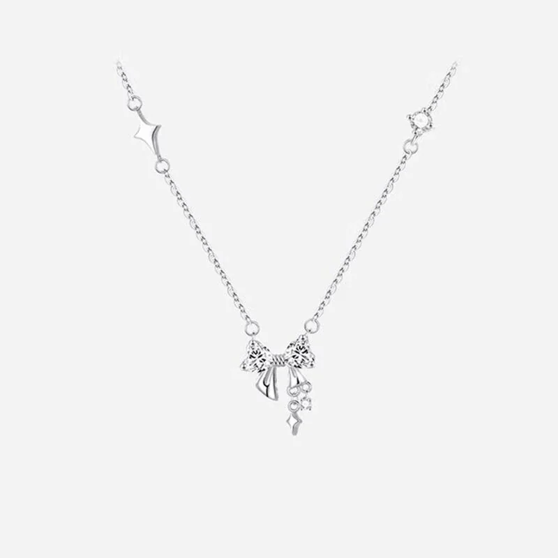 Delicate Polished Bow Star Tassel 925 Sterling Silver Necklace