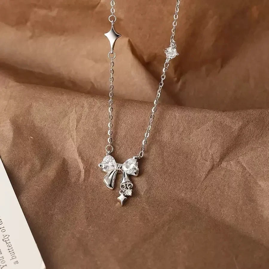 Delicate Polished Bow Star Tassel 925 Sterling Silver Necklace - Silver