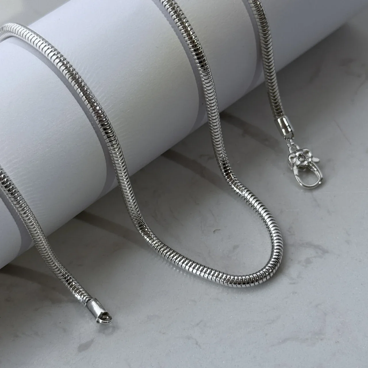 Polished 925 Sterling Silver Ribbed Snake Chain Necklace