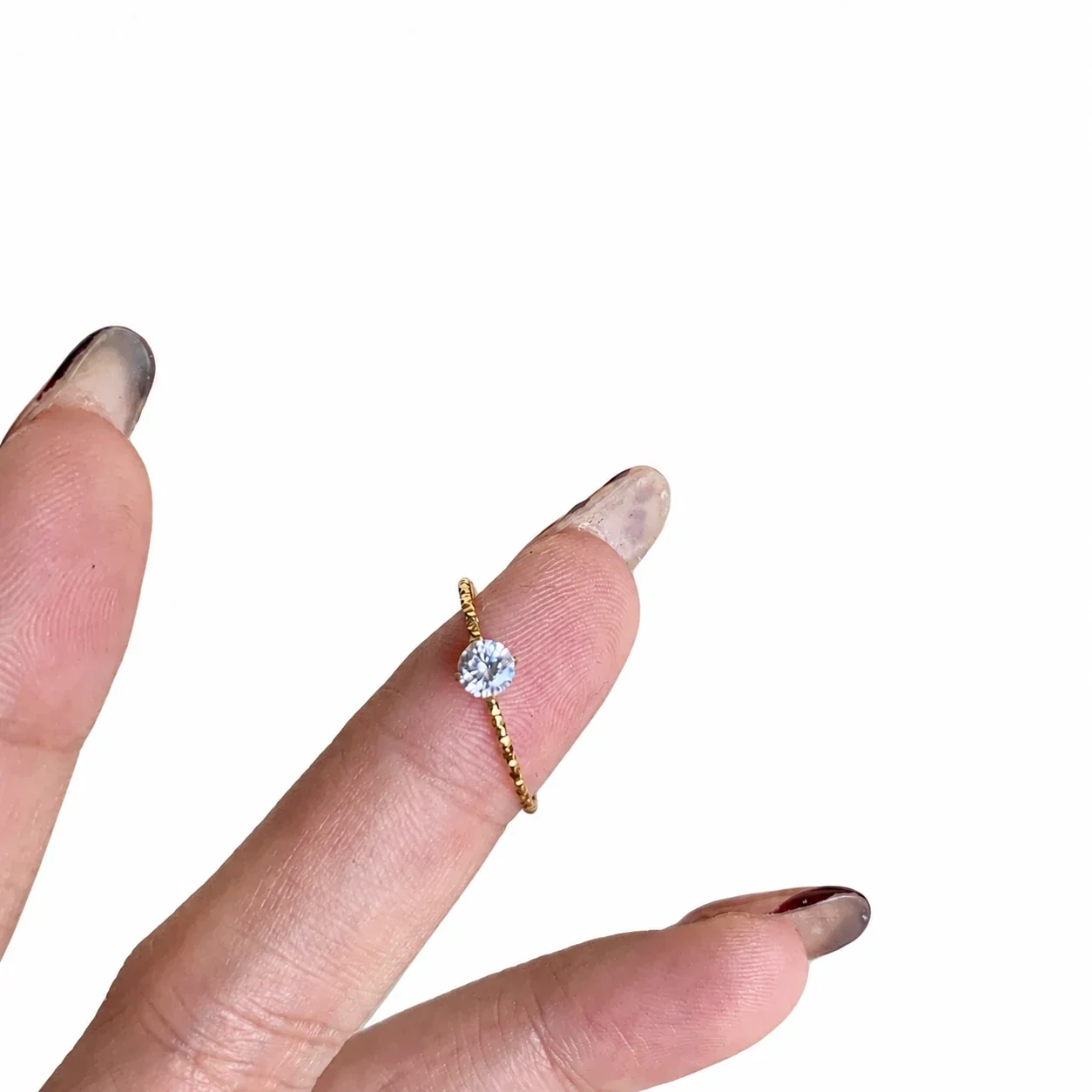 Delicate 18K Gold-Plated Beaded Band Round Stone Ring