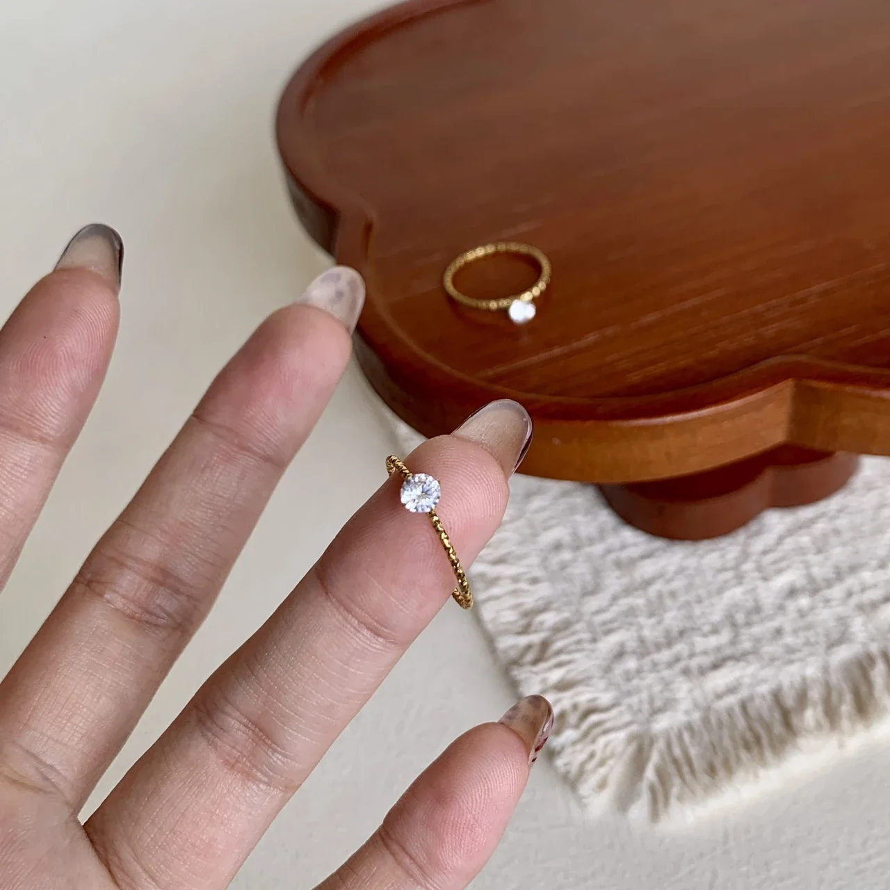 Delicate 18K Gold-Plated Beaded Band Round Stone Ring