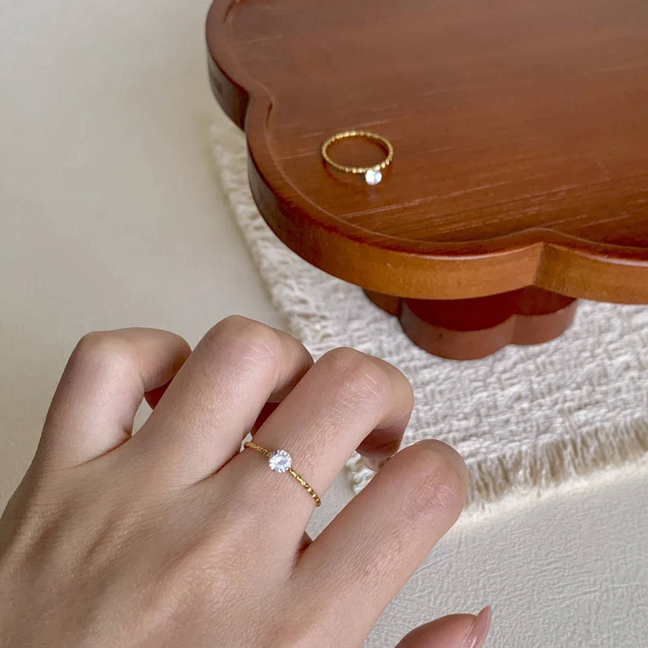 Delicate 18K Gold-Plated Beaded Band Round Stone Ring