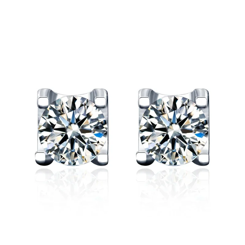 Polished 925 Sterling Silver Four-Prong Round Moissanite Stud Earrings