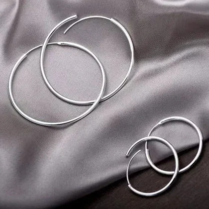 Minimal 925 Sterling Silver Fine-Wire Endless Hoop Earrings - 50 mm