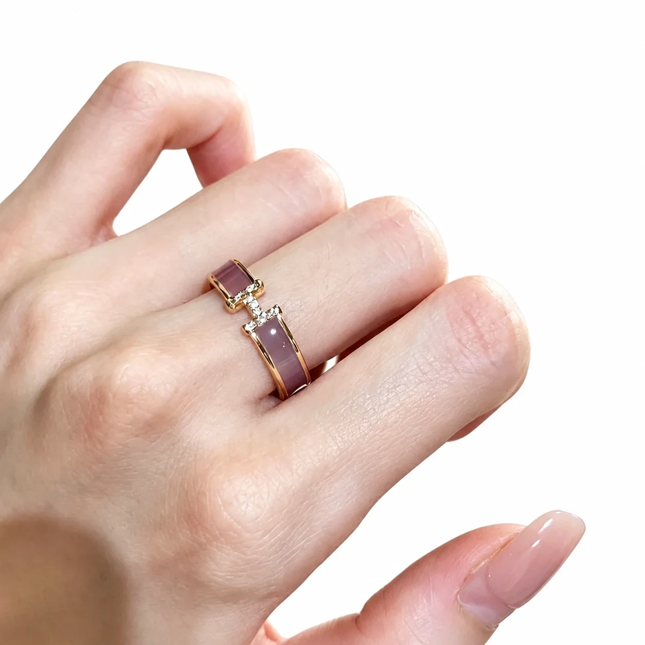 Mauve Enamel H Motif Pavé Crystal Gold-Plated Copper Ring