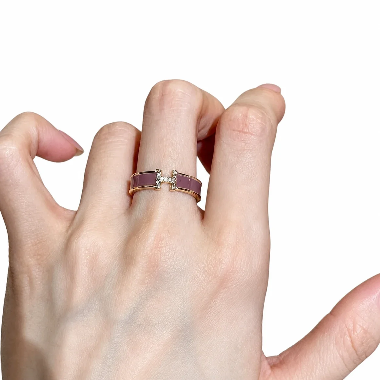 Mauve Enamel H Motif Pavé Crystal Gold-Plated Copper Ring