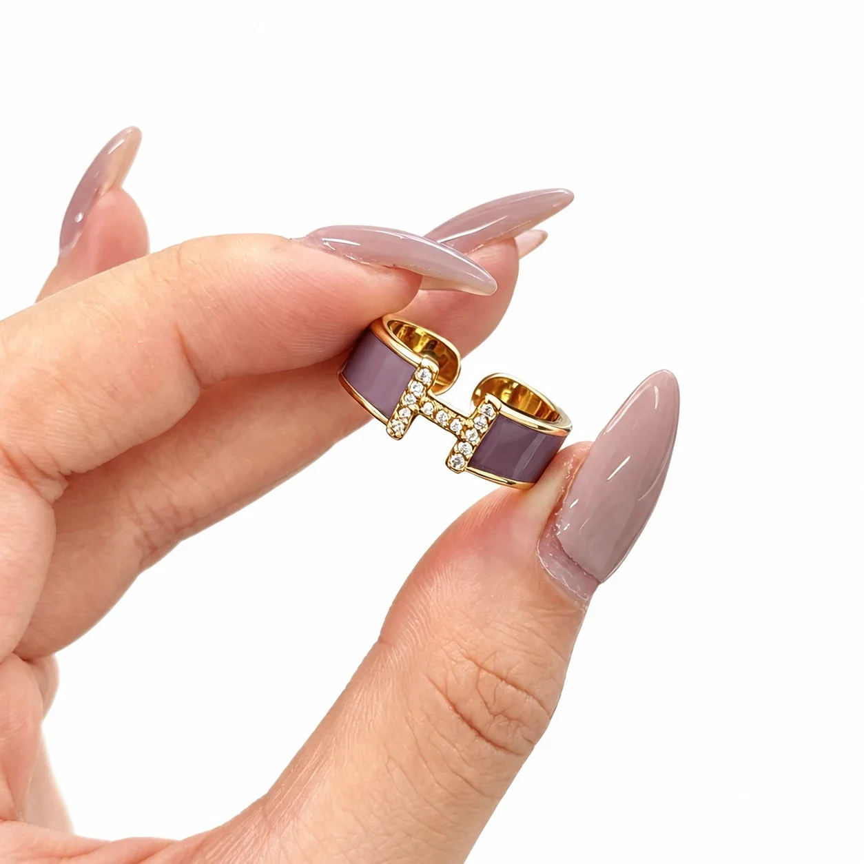 Mauve Enamel H Motif Pavé Crystal Gold-Plated Copper Ring