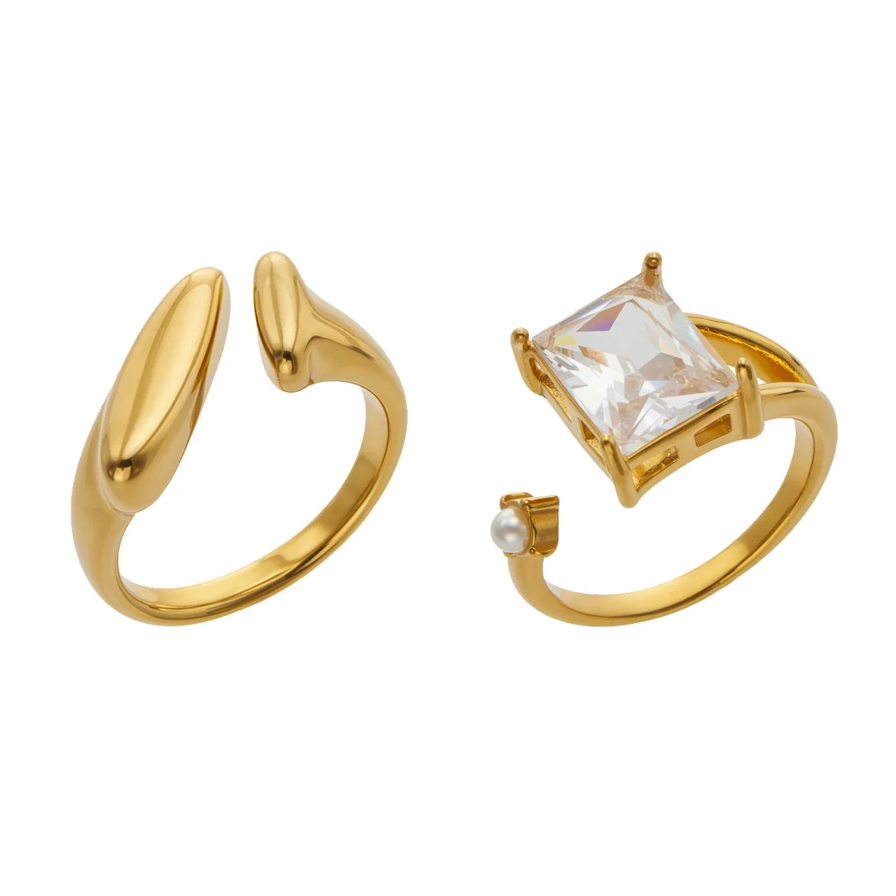 Sculptural 18K Gold-Plated Open-Bar Square Crystal Ring