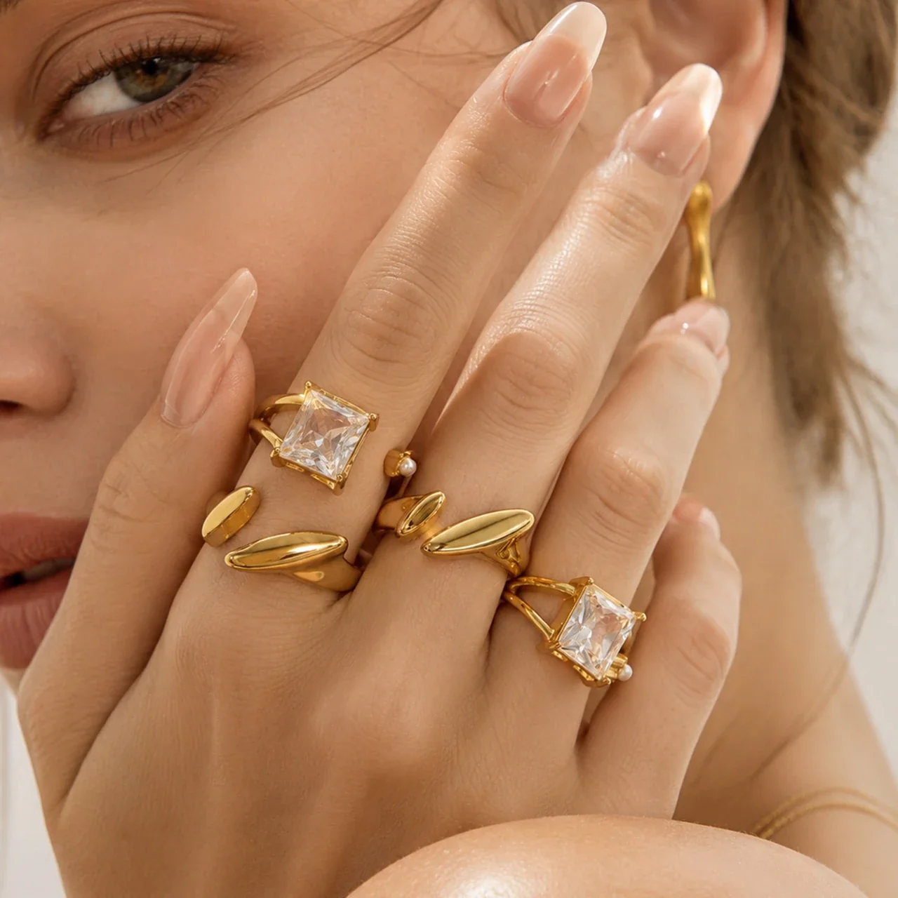 Sculptural 18K Gold-Plated Open-Bar Square Crystal Ring