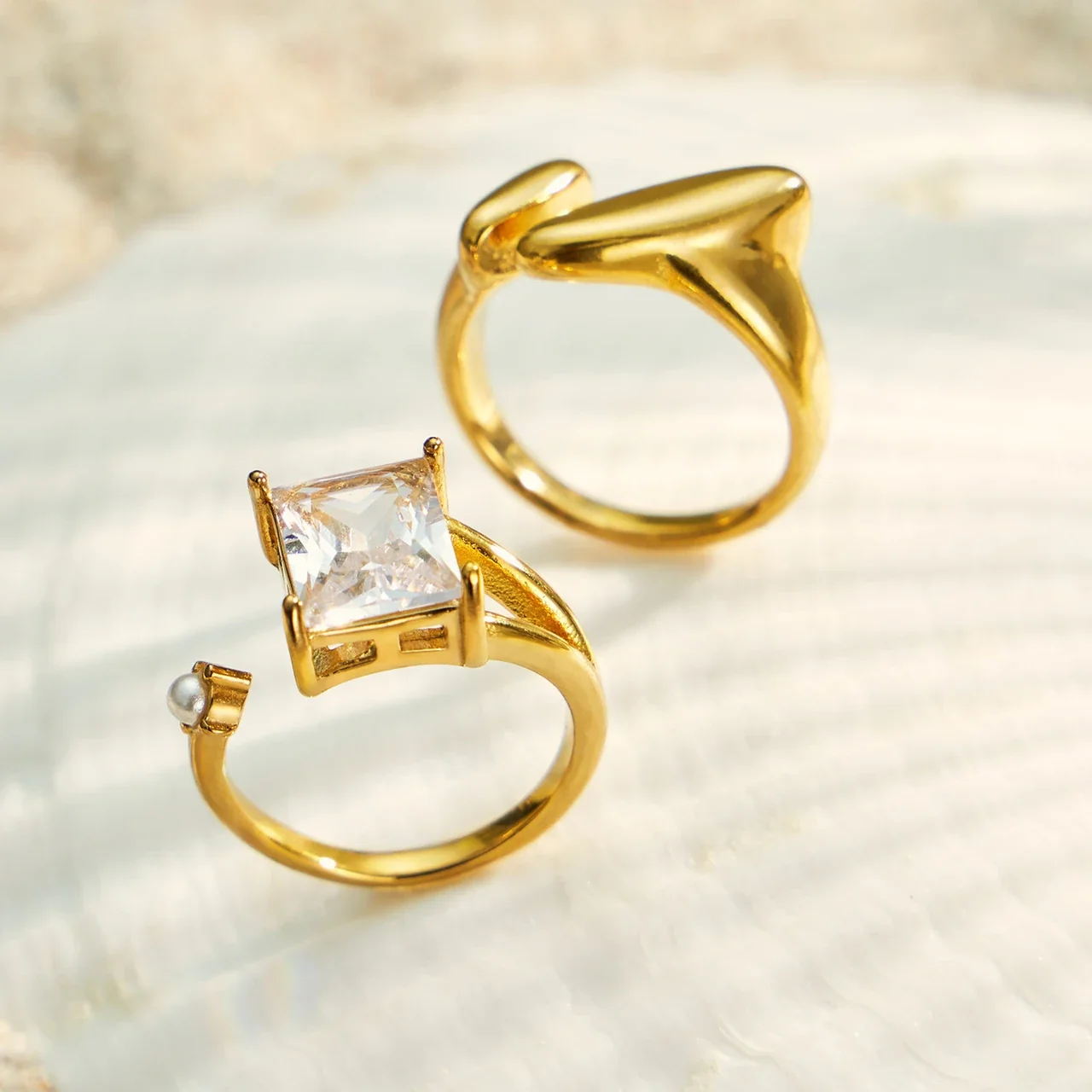 Sculptural 18K Gold-Plated Open-Bar Square Crystal Ring