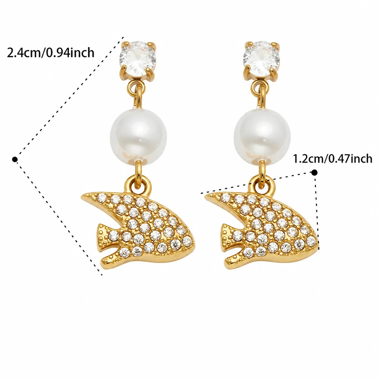 Marine Pearl-Effect 18K Gold-Plated Drop Earrings - Gold White CZ Manta Ray
