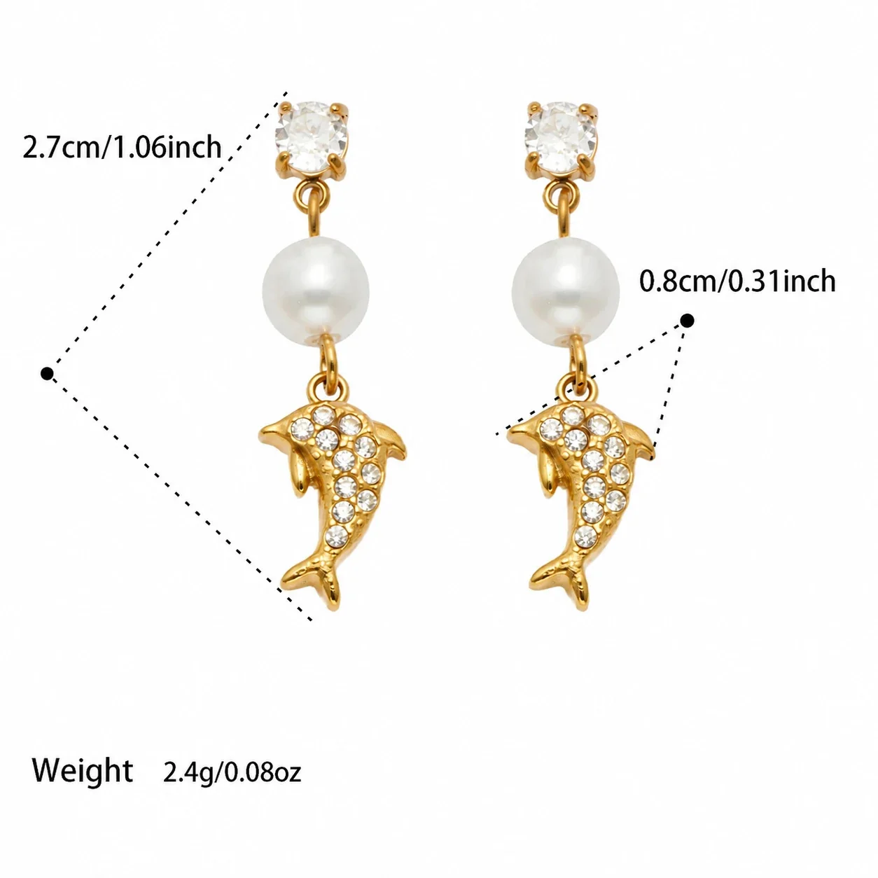 Marine Pearl-Effect 18K Gold-Plated Drop Earrings - Gold White CZ Dolphin