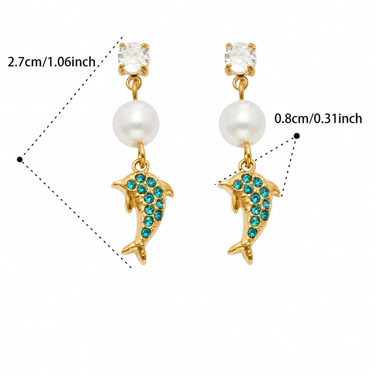 Marine Pearl-Effect 18K Gold-Plated Drop Earrings - Gold Blue CZ Dolphin