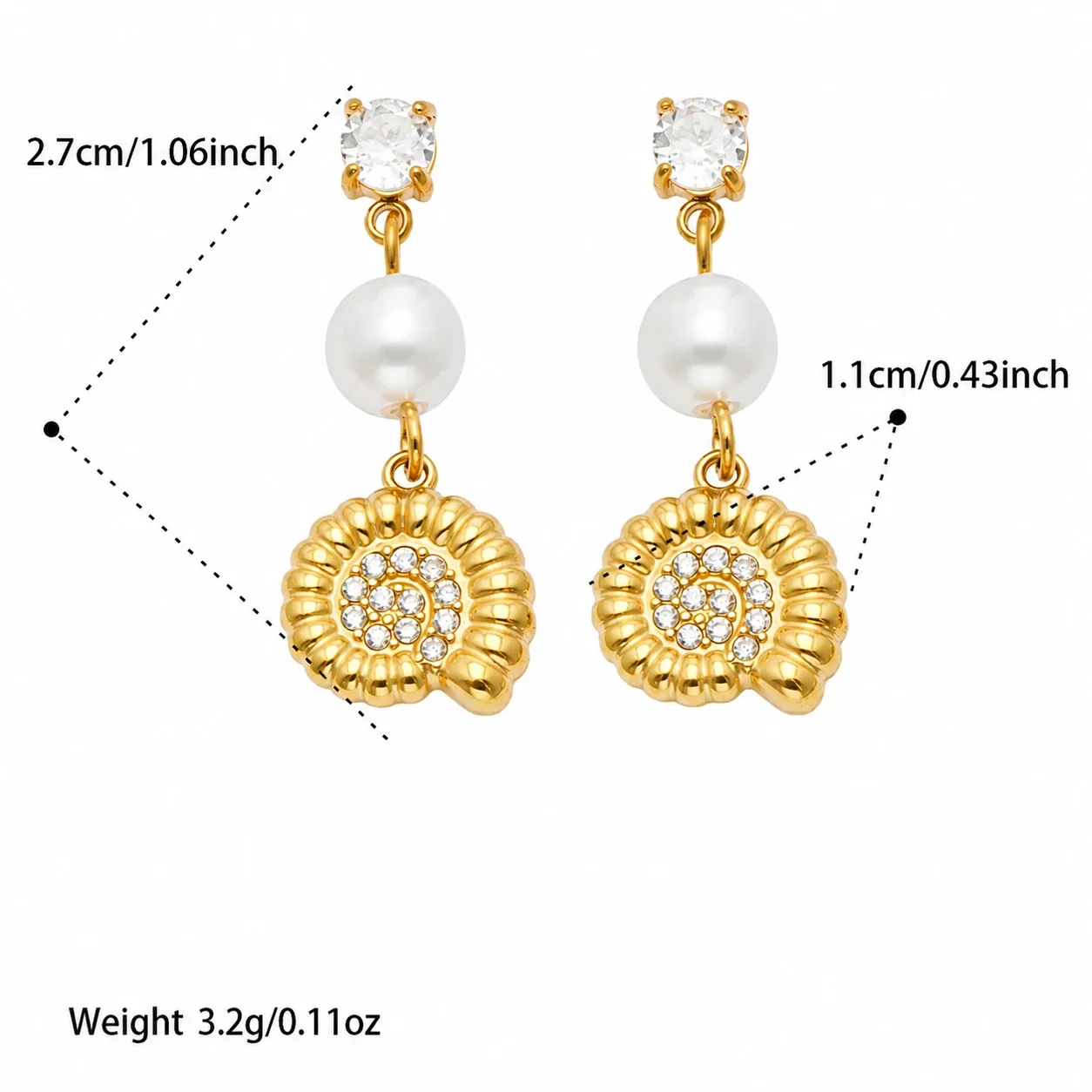 Marine Pearl-Effect 18K Gold-Plated Drop Earrings - Gold White CZ Conch Shell