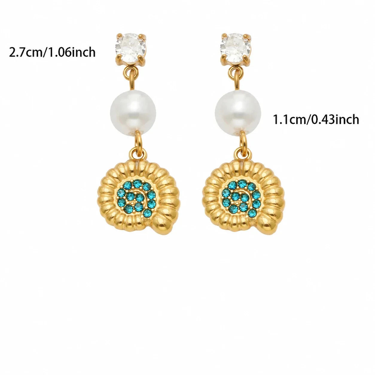 Marine Pearl-Effect 18K Gold-Plated Drop Earrings - Gold Blue CZ Conch Shell