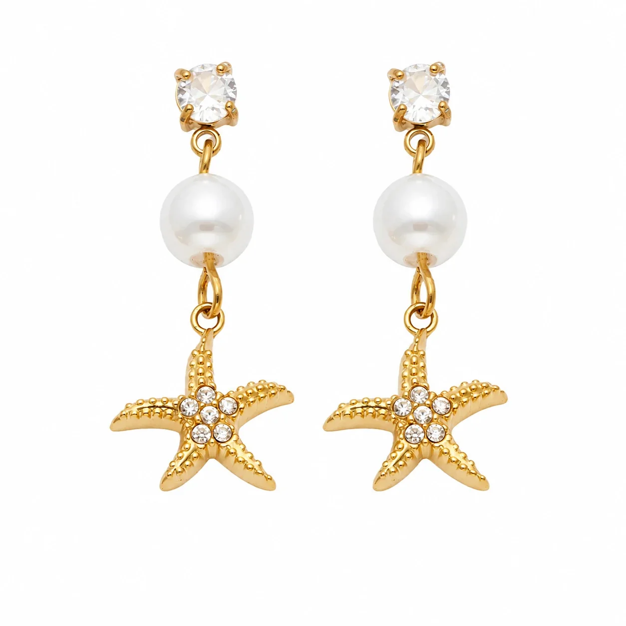 Marine Pearl-Effect 18K Gold-Plated Drop Earrings - Gold White CZ Starfish