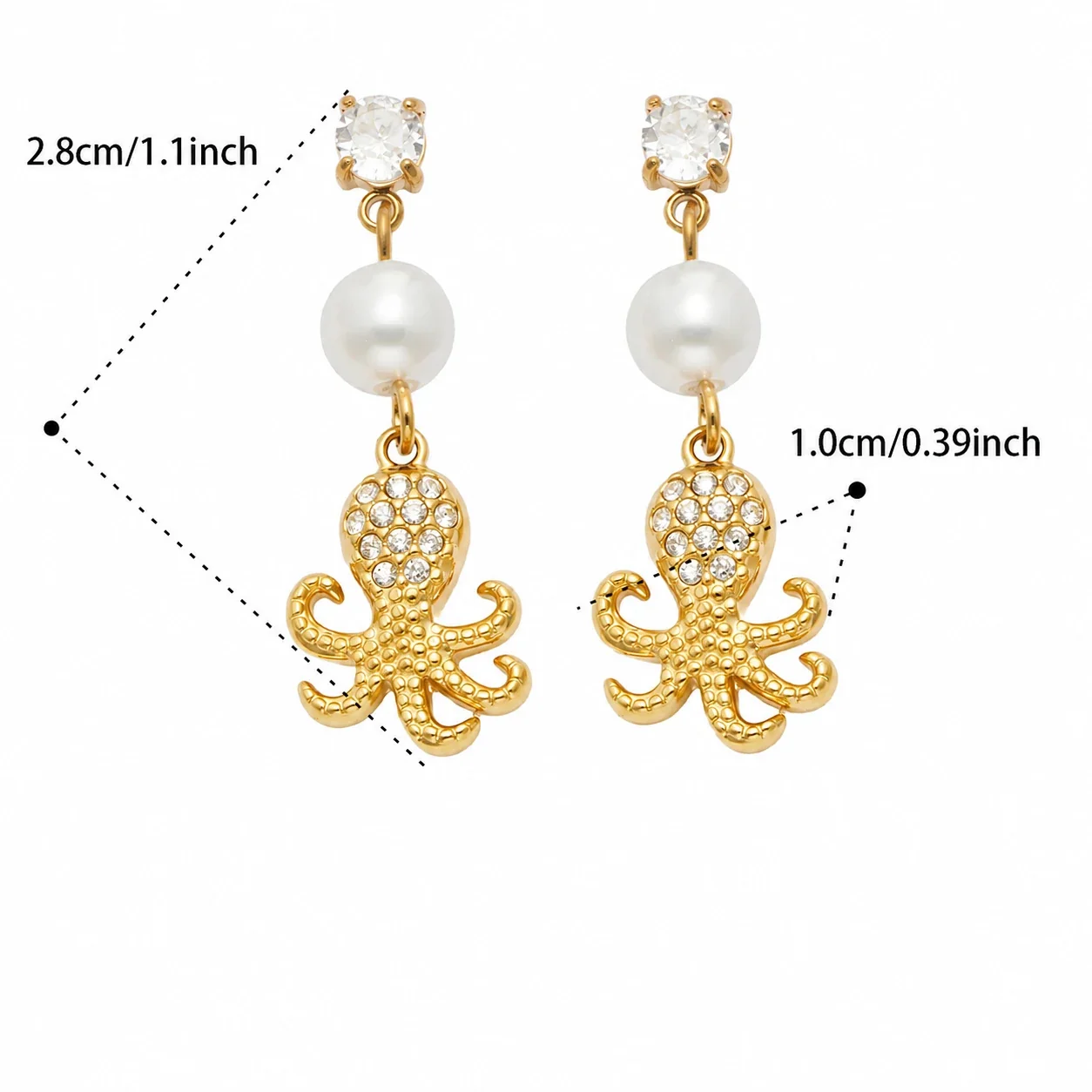 Marine Pearl-Effect 18K Gold-Plated Drop Earrings - Gold Blue CZ Octopus