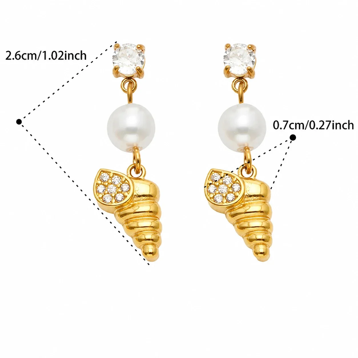 Marine Pearl-Effect 18K Gold-Plated Drop Earrings - Gold White CZ Spiral Shell