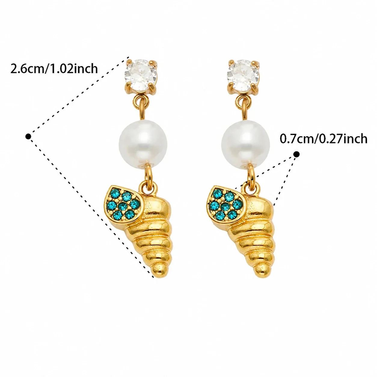 Marine Pearl-Effect 18K Gold-Plated Drop Earrings - Gold Blue CZ Spiral Shell