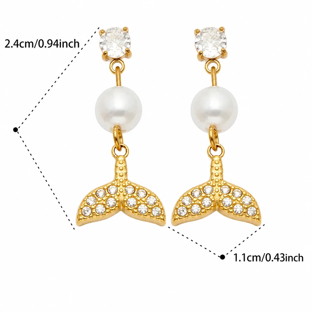Marine Pearl-Effect 18K Gold-Plated Drop Earrings - Gold White CZ Fishtail