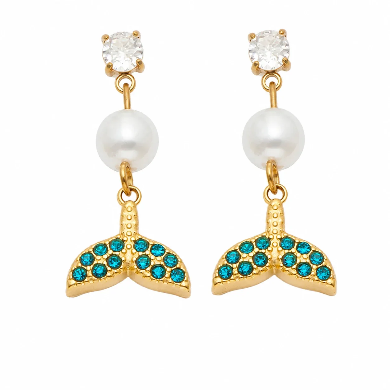 Marine Pearl-Effect 18K Gold-Plated Drop Earrings - Gold Blue CZ Fishtail