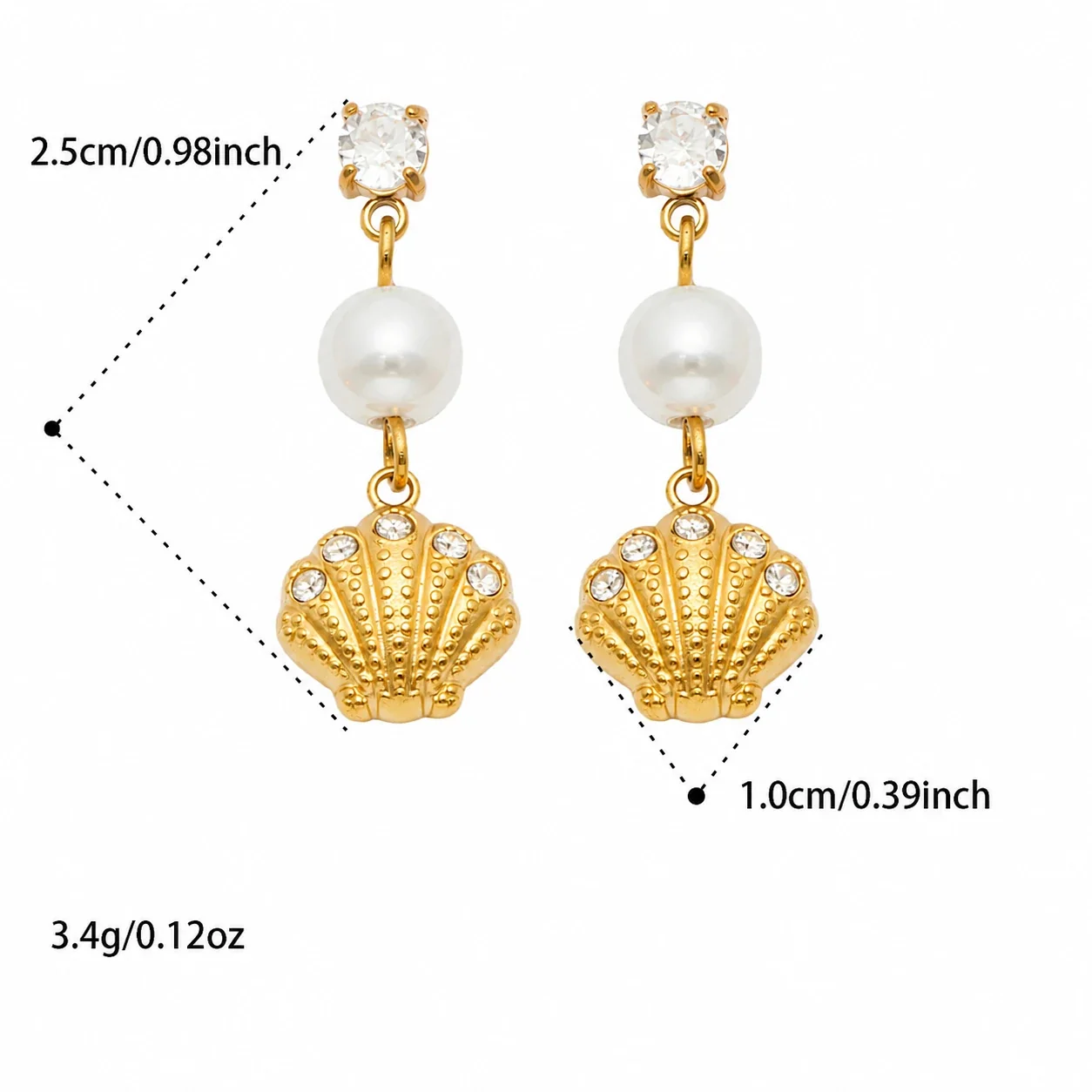 Marine Pearl-Effect 18K Gold-Plated Drop Earrings - Gold White CZ Scallop Shell