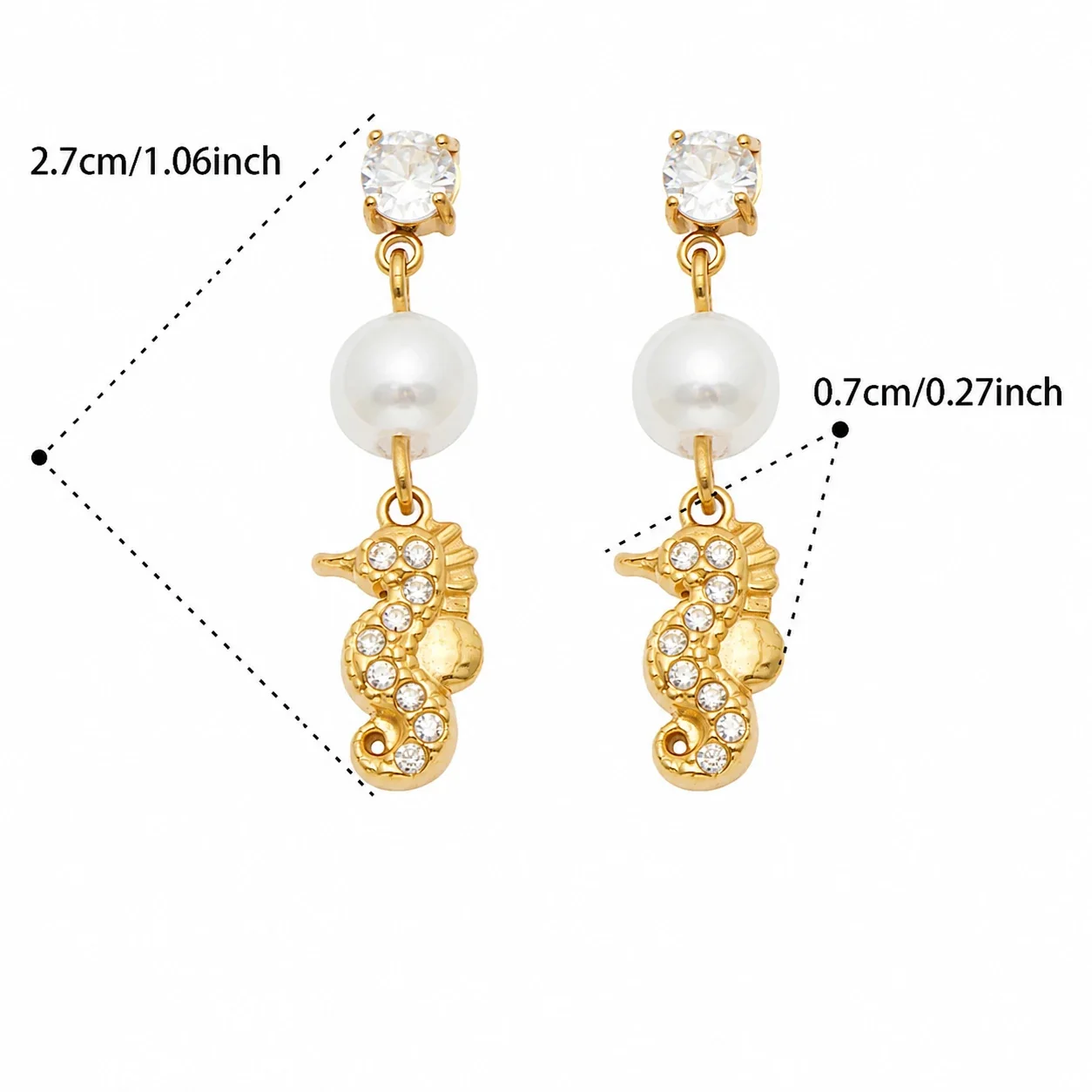Marine Pearl-Effect 18K Gold-Plated Drop Earrings - Gold White CZ Seahorse