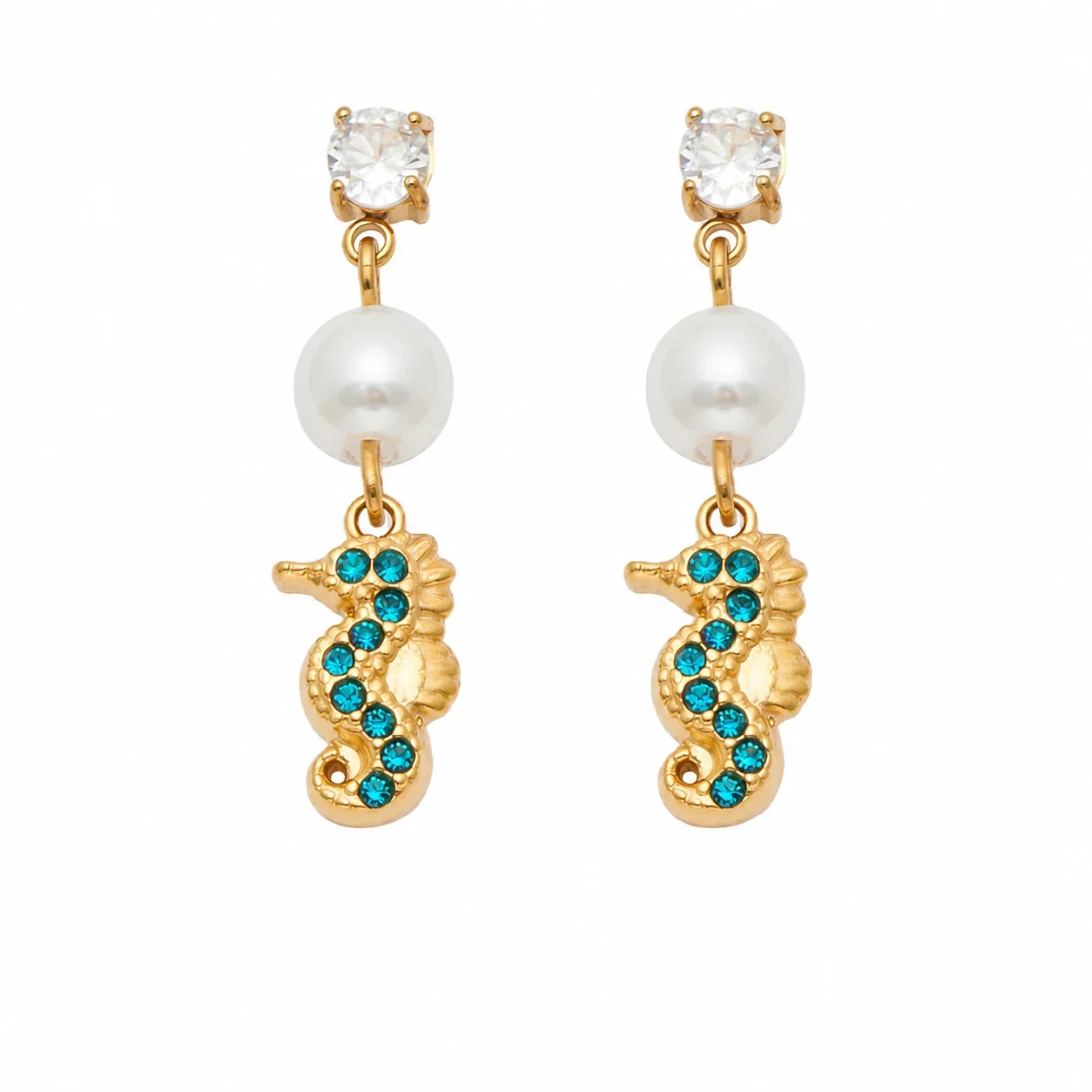 Marine Pearl-Effect 18K Gold-Plated Drop Earrings - Gold Blue CZ Seahorse