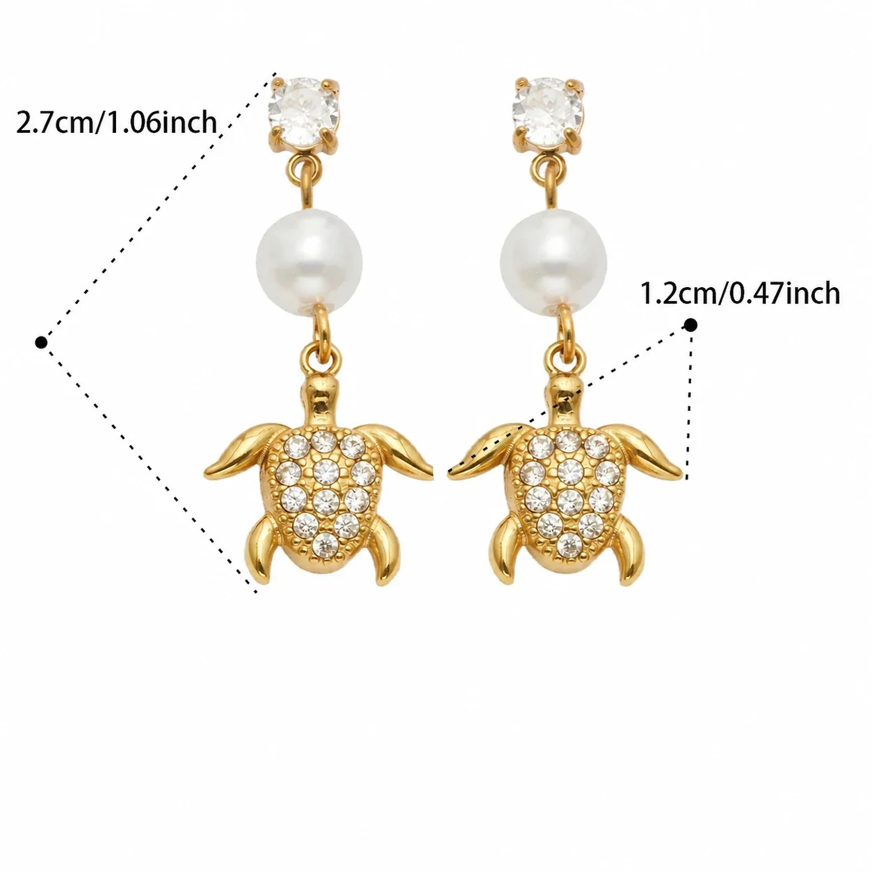 Marine Pearl-Effect 18K Gold-Plated Drop Earrings - Gold White CZ Sea Turtle