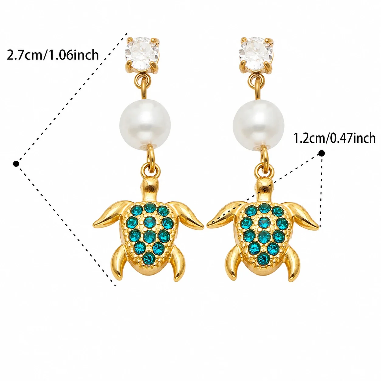 Marine Pearl-Effect 18K Gold-Plated Drop Earrings - Gold Blue CZ Sea Turtle
