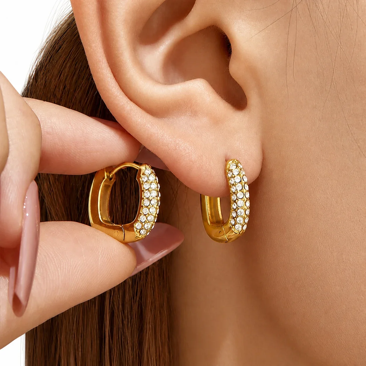 Polished Gold PVD Pavé U-Hoop Stainless Steel Earrings