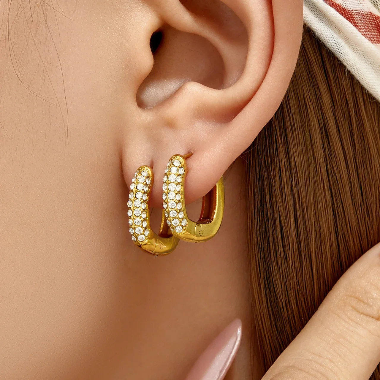 Polished Gold PVD Pavé U-Hoop Stainless Steel Earrings