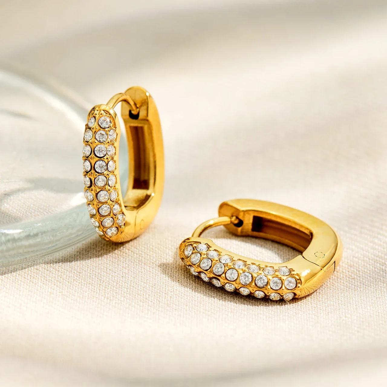 Polished Gold PVD Pavé U-Hoop Stainless Steel Earrings