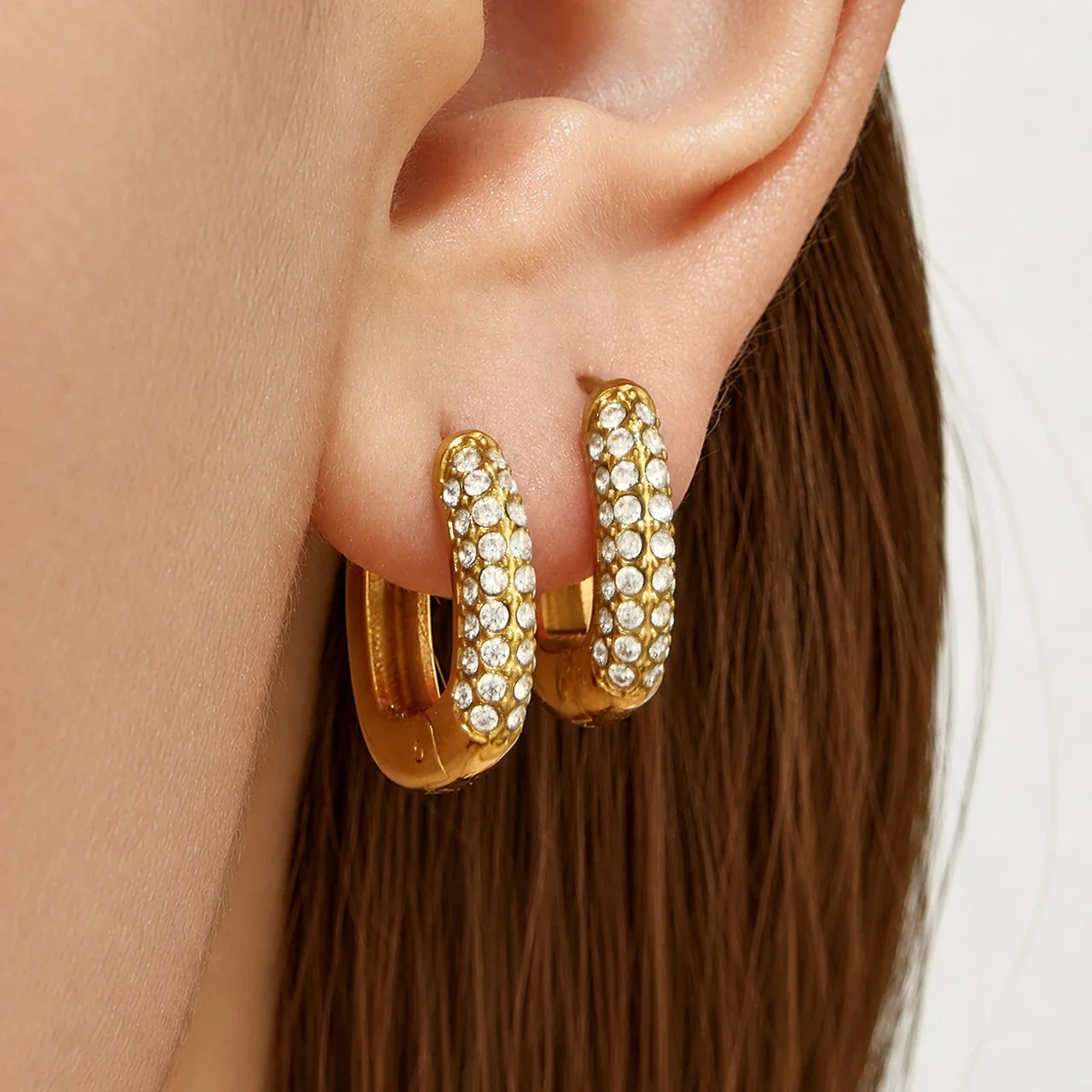 Polished Gold PVD Pavé U-Hoop Stainless Steel Earrings