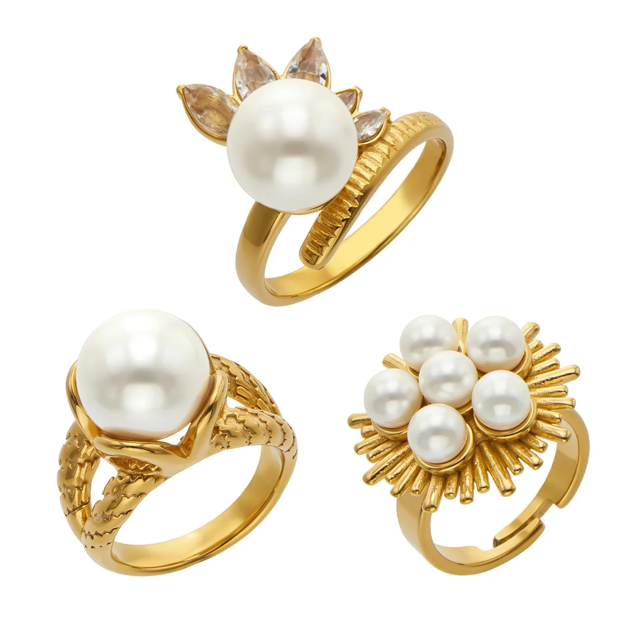 Ornate Gold-Plated Pearl-Effect Marquise CZ Ring