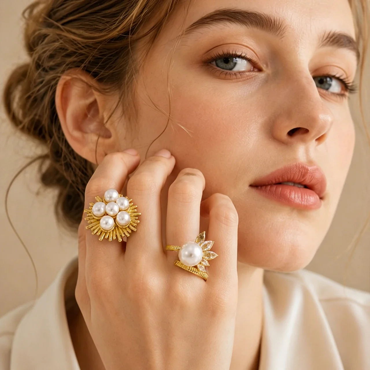 Ornate Gold-Plated Pearl-Effect Marquise CZ Ring