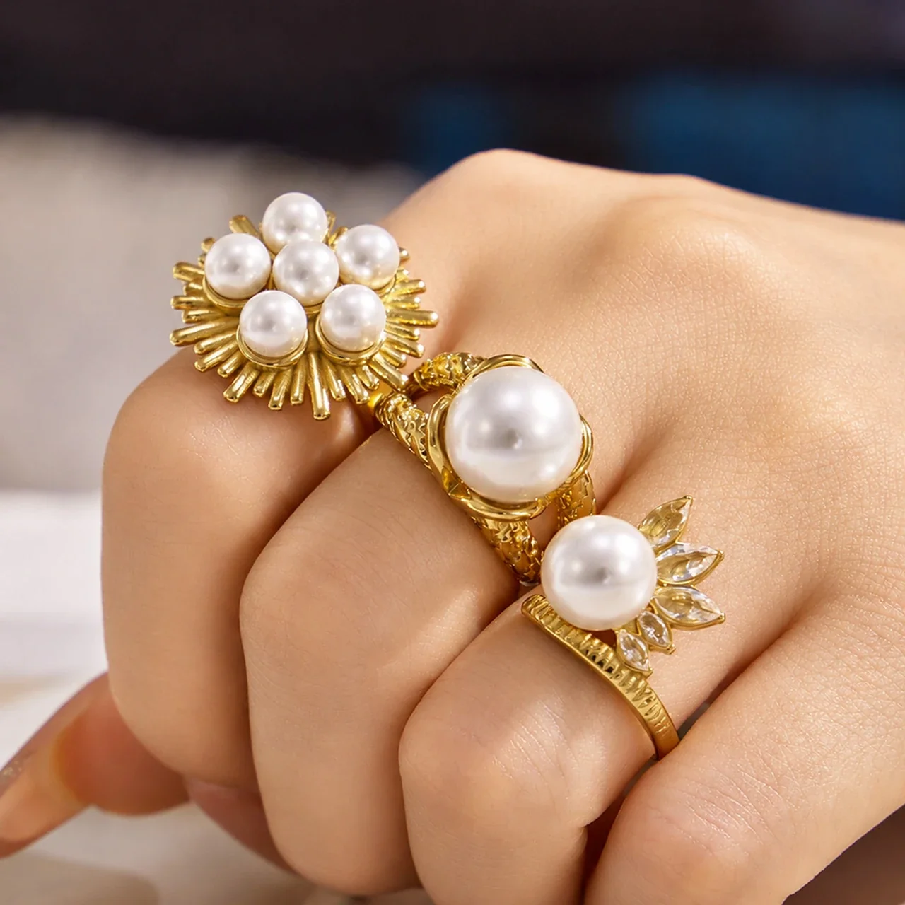 Ornate Gold-Plated Pearl-Effect Marquise CZ Ring