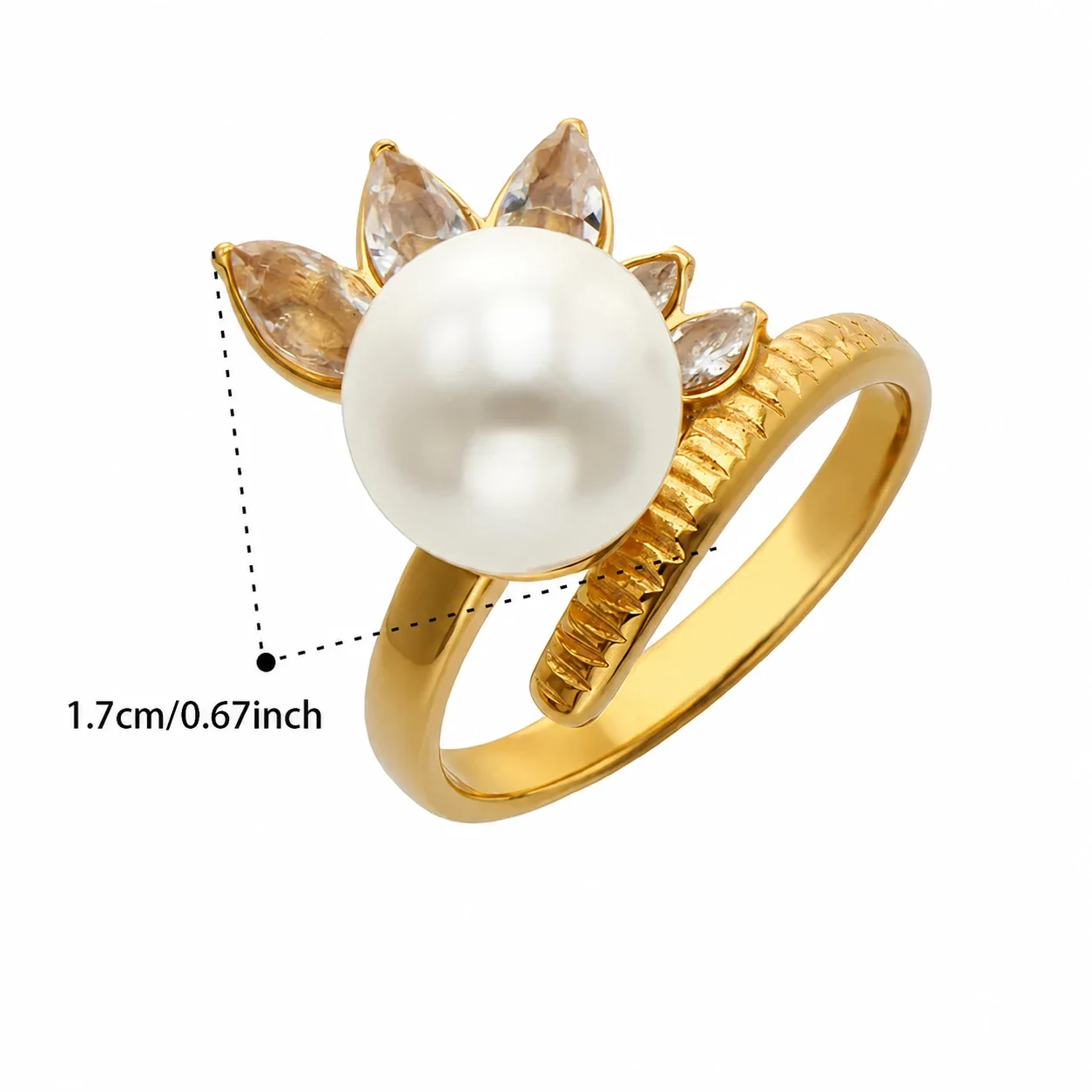Ornate Gold-Plated Pearl-Effect Marquise CZ Ring - Gold Pearl CZ Open
