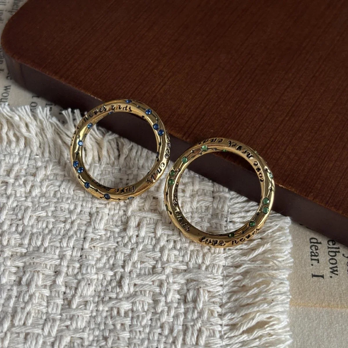 Engraved Copper Gold-Plated Colored Stone Band Ring