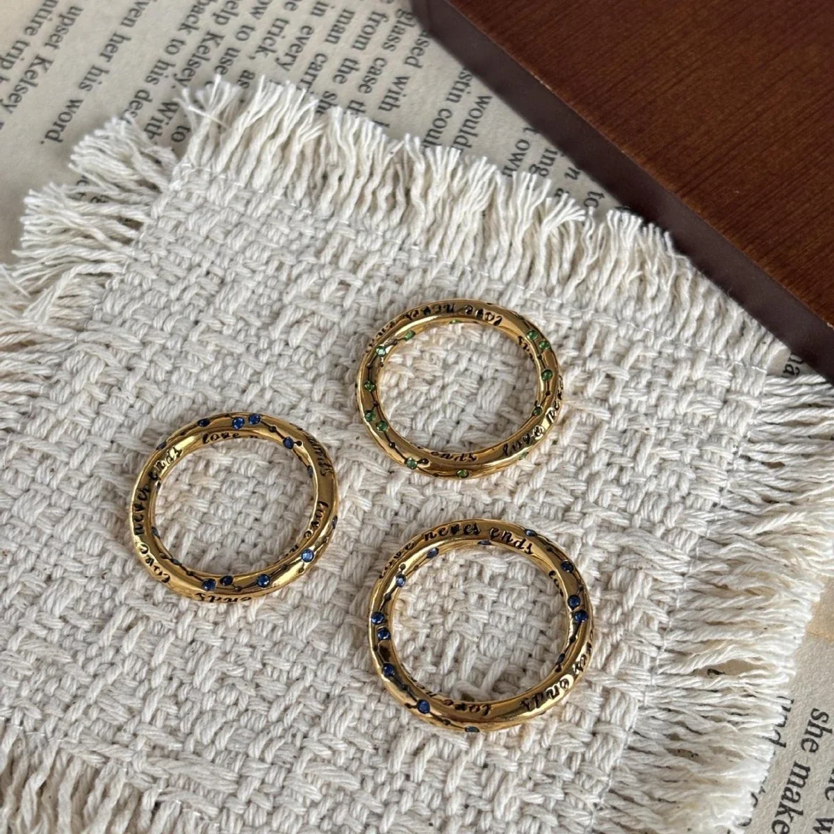 Engraved Copper Gold-Plated Colored Stone Band Ring