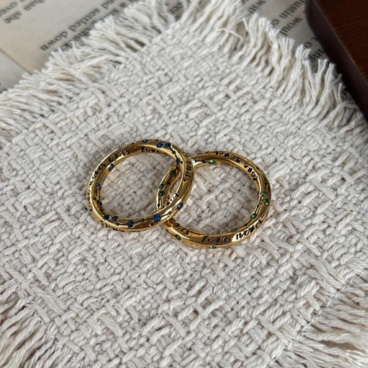 Engraved Copper Gold-Plated Colored Stone Band Ring