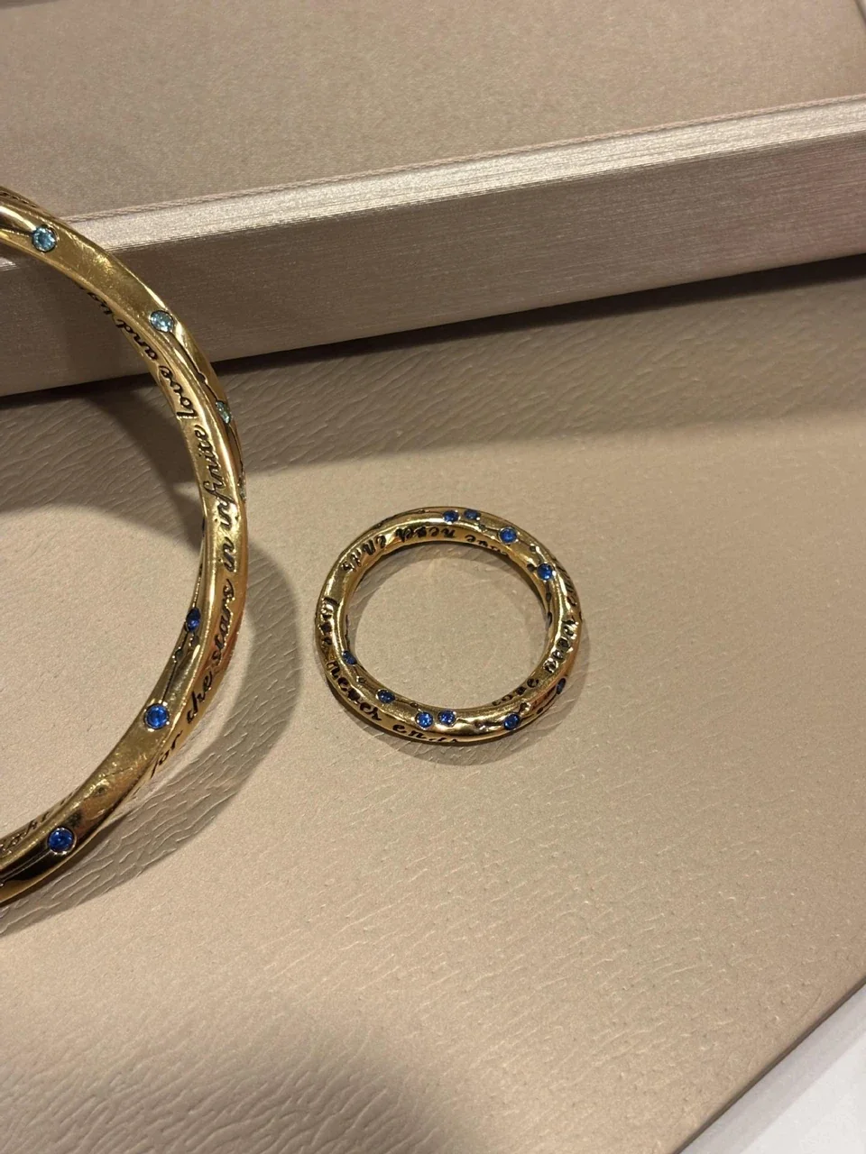 Engraved Copper Gold-Plated Colored Stone Band Ring - Blue