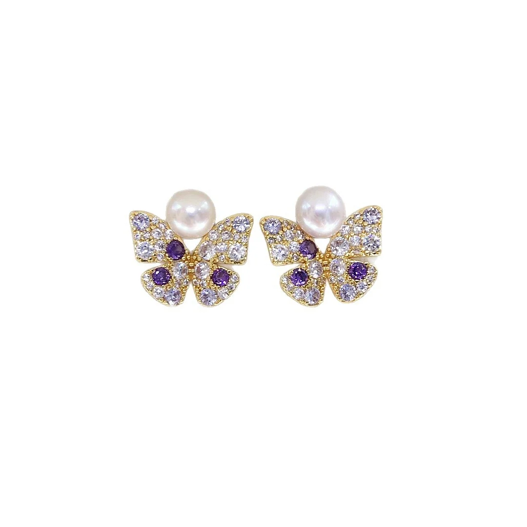Pavé Butterfly Purple Crystal Freshwater Pearl Stud Earrings