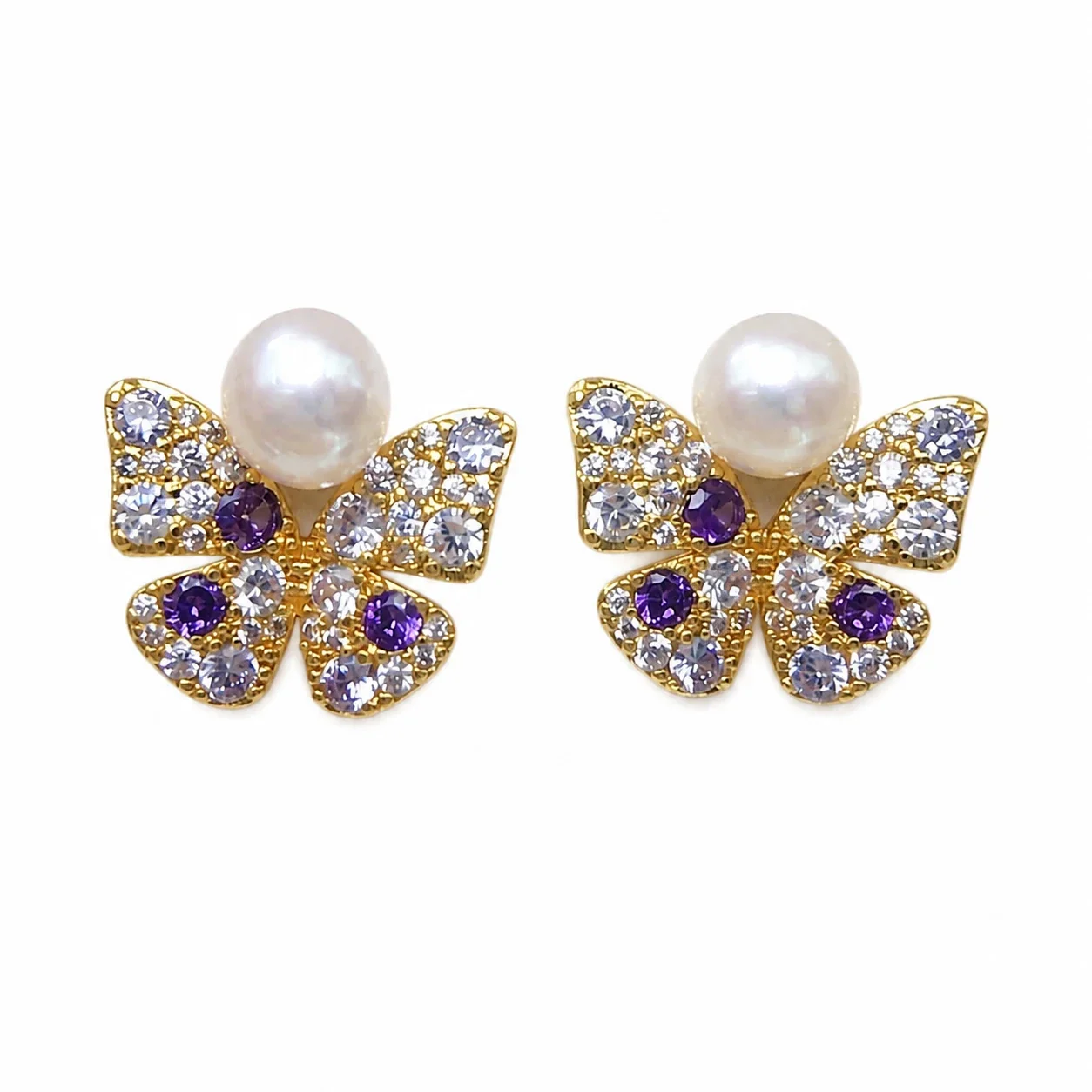 Pavé Butterfly Purple Crystal Freshwater Pearl Stud Earrings