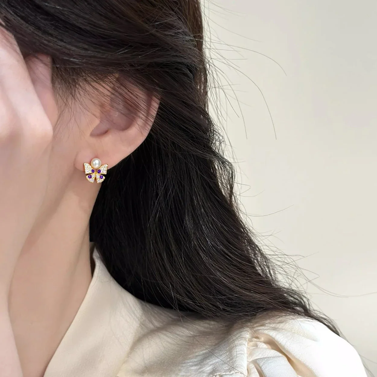 Pavé Butterfly Purple Crystal Freshwater Pearl Stud Earrings