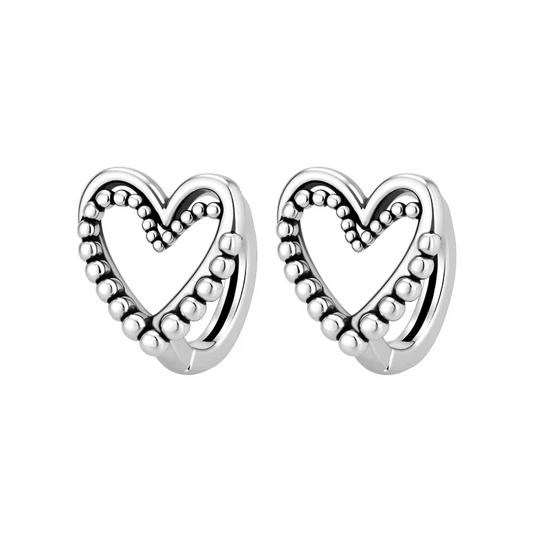 Retro Silver-Plated Beaded Open Heart Copper Stud Earrings
