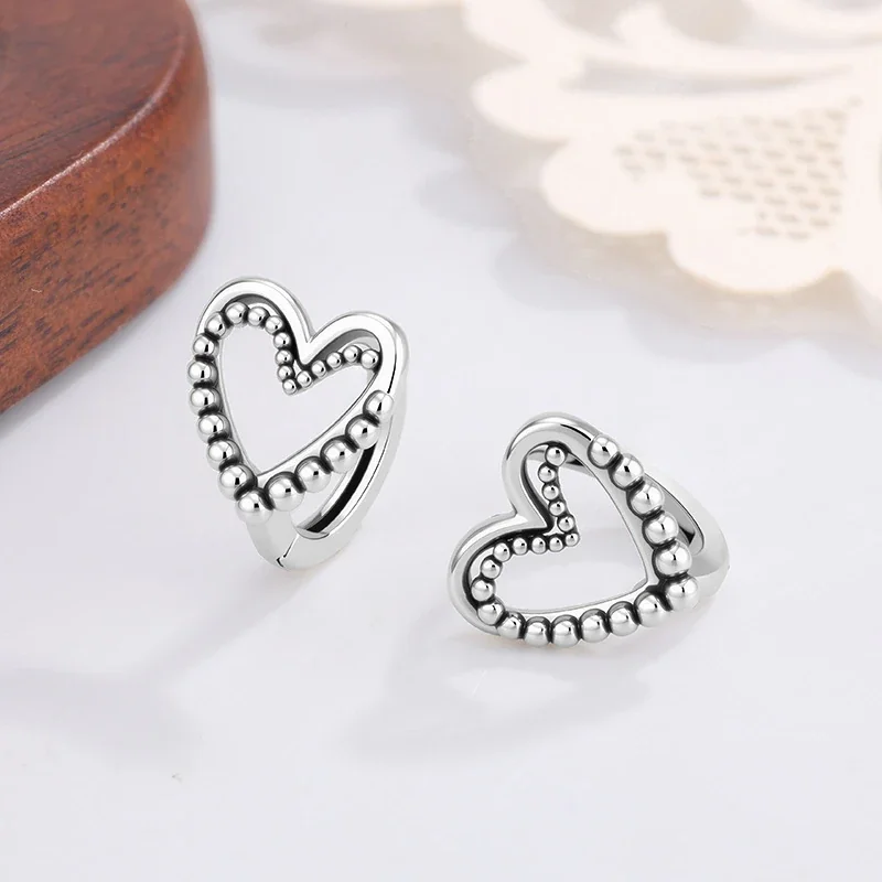 Retro Silver-Plated Beaded Open Heart Copper Stud Earrings
